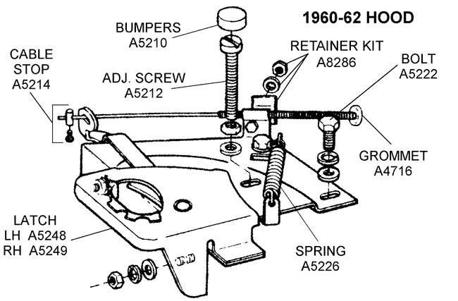 1960-62 引擎盖锁扣 - 示意图 - Chicago Corvette Supply