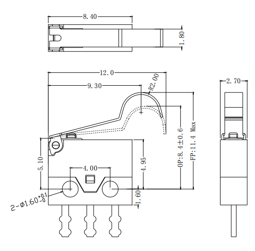 Product Drawing of Small Micro Switch Metal Roller Lever G15D.png